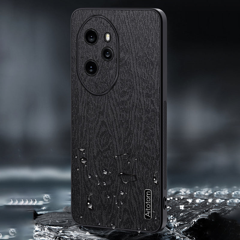 For Honor 100 Pro 5G Cell Phone Case Wood Grain PU Leather Coated PC+TPU Cover - Black For Honor 100 Pro 5G Cell Phone Case Wood Grain PU Leather Coated PC+TPU Cover - Black